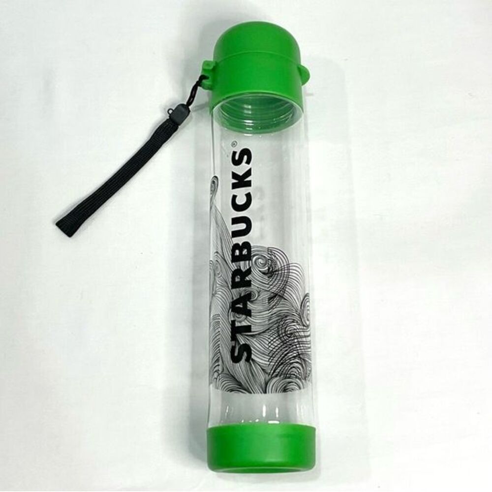 Starbucks Plastic Water Bottle Clear with Green Flip Top Lid & Boot 25 oz Travel
